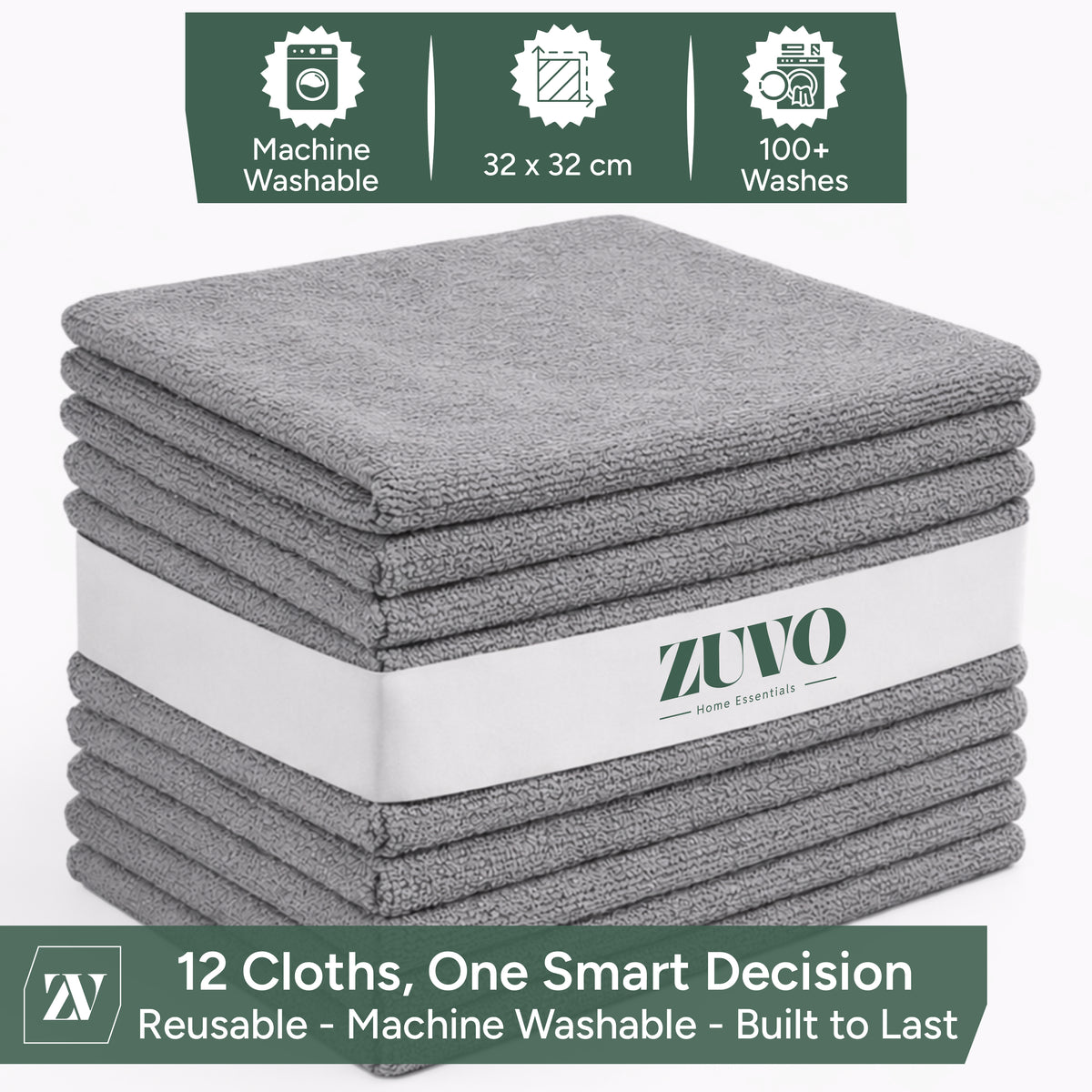 Zuvo Microfibre Cloths 12 Pack 32x32cm Grey Lint Free Cleaning Rags