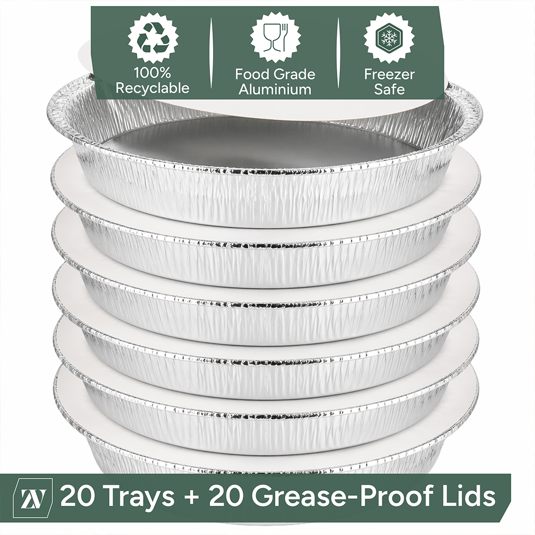Zuvo Round Aluminium Containers 20 Pack Foil Flan Cases with Paper Lids