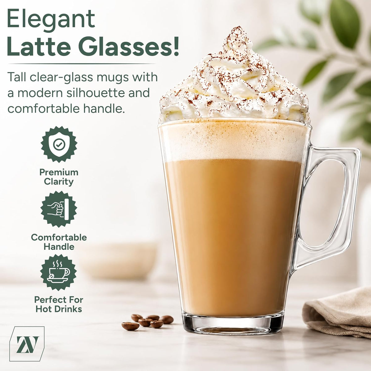 Zuvo Latte Glasses Set of 6 240ml Heat Resistant Glass Cups for Coffee Latte and Hot Chocolate