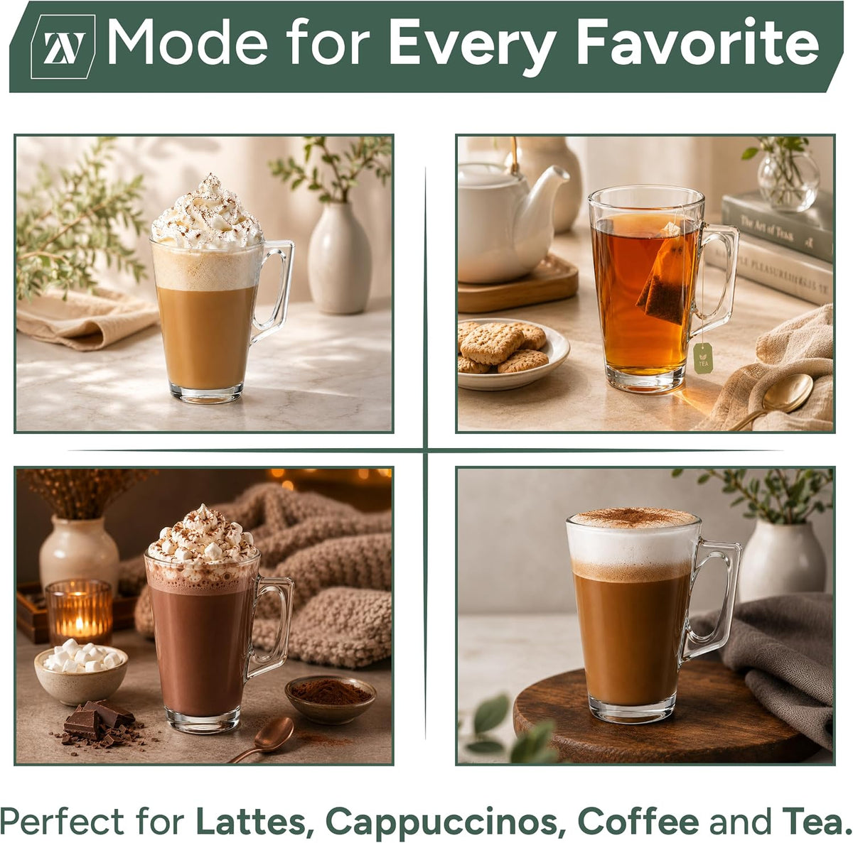 Zuvo Latte Glasses Set of 6 240ml Heat Resistant Glass Cups for Coffee Latte and Hot Chocolate