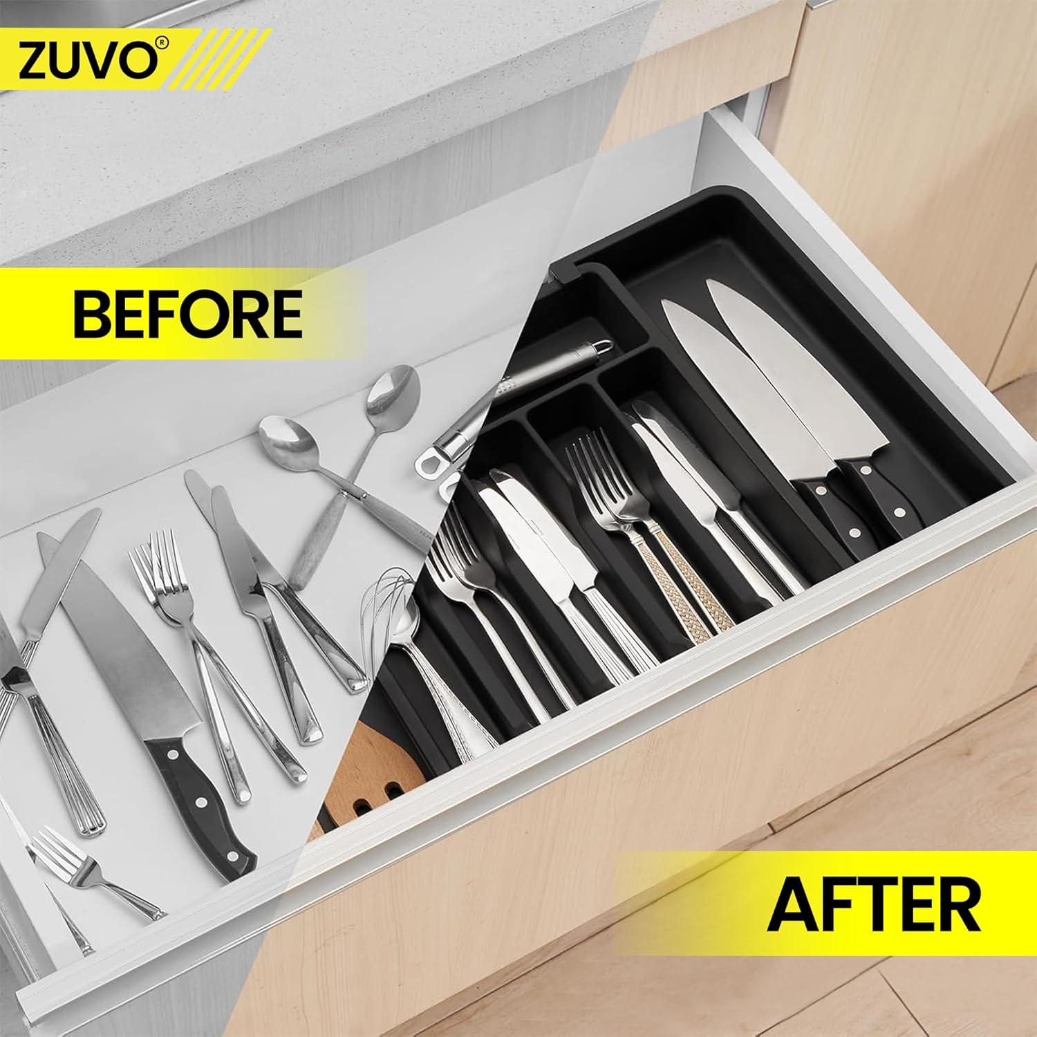 Zuvo Expandable Large Plastic Cutlery Drawer Organiser - Black Cutlery Tray for Kitchen Utensils Set - Perfect for Plastic Storage Drawers, Large Cutlery Drawer Organiser