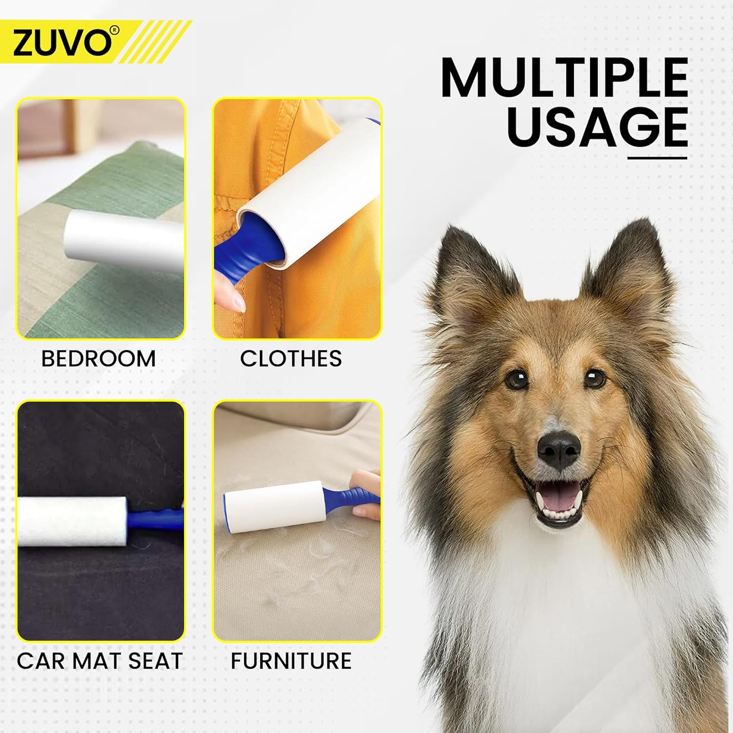 Lint Roller with 2 Handles & 5 Refills, Pet Hair Remover for Cats and Dogs, Extra Sticky Hair Remover, Reusable Lint Roller for Clothes & Furniture, Efficient Hair Removal - Zuvo