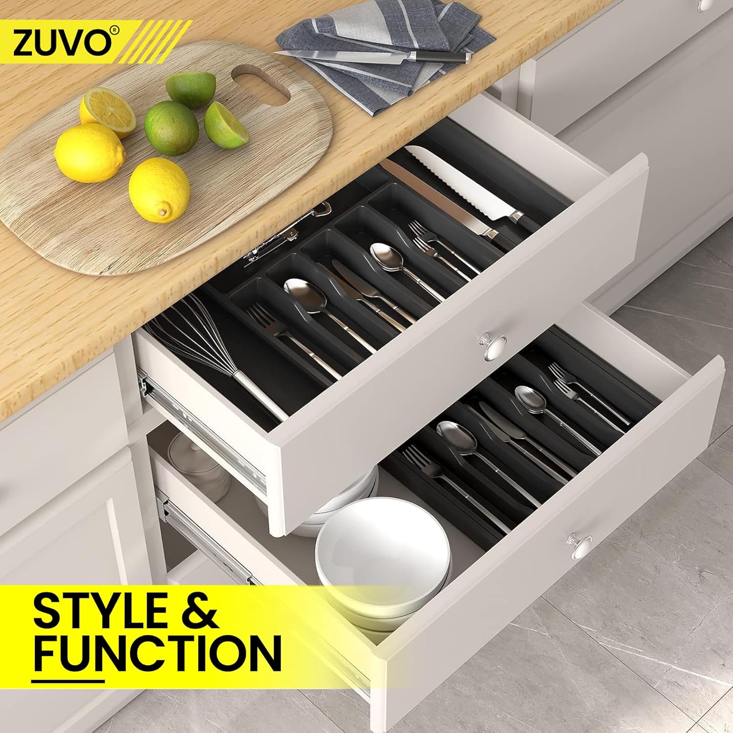 Zuvo Expandable Large Plastic Cutlery Drawer Organiser - Black Cutlery Tray for Kitchen Utensils Set - Perfect for Plastic Storage Drawers, Large Cutlery Drawer Organiser