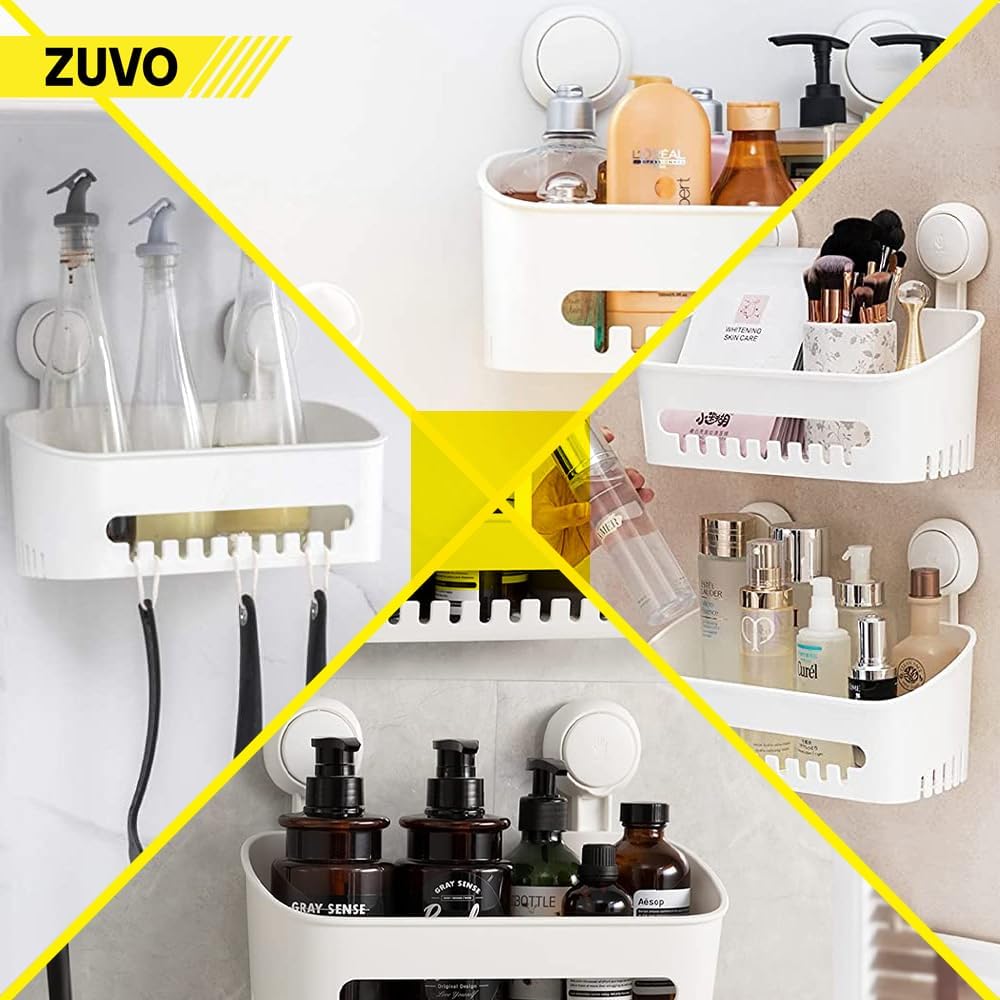 Zuvo No-Drill Shower Caddy – Suction Cup Bathroom Shelf, White