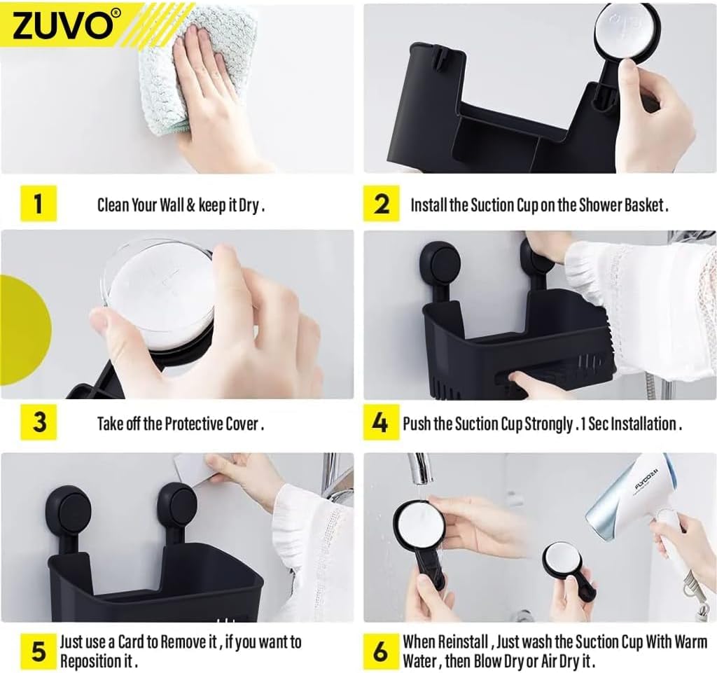 Zuvo No-Drill Suction Cup Shower Caddy Basket – Black