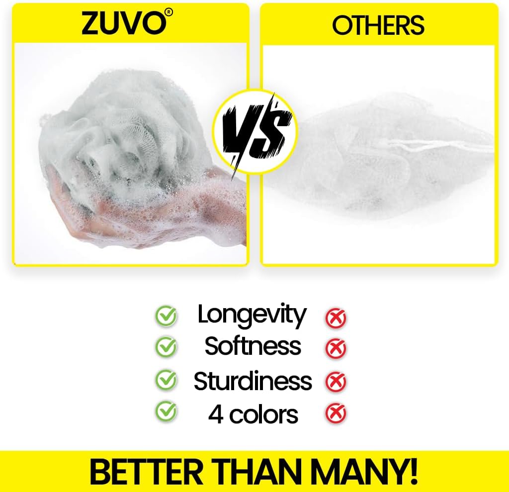 Zuvo Loofah Bath Sponge 4-Pack Soft, Durable Shower Puffs