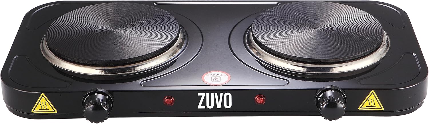 Zuvo 2000W Stainless Steel Double Hot Plate Ring Stove Hob - Portable & with Adjustable Thermostat - Cast Iron Heating Plate Black 25.8