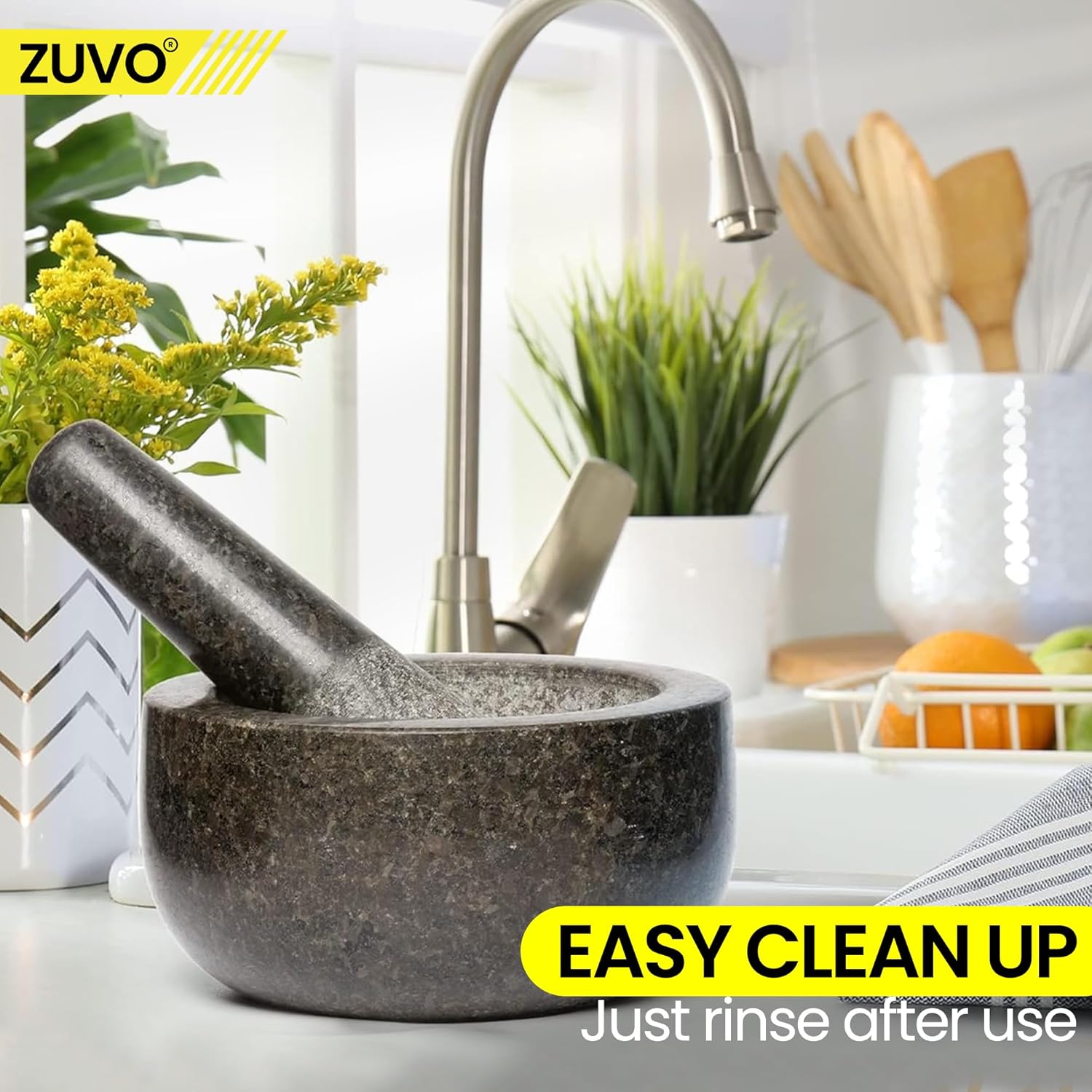 Zuvo Pestle and Mortar Set – Solid Natural Stone Durable Kitchen Grinder