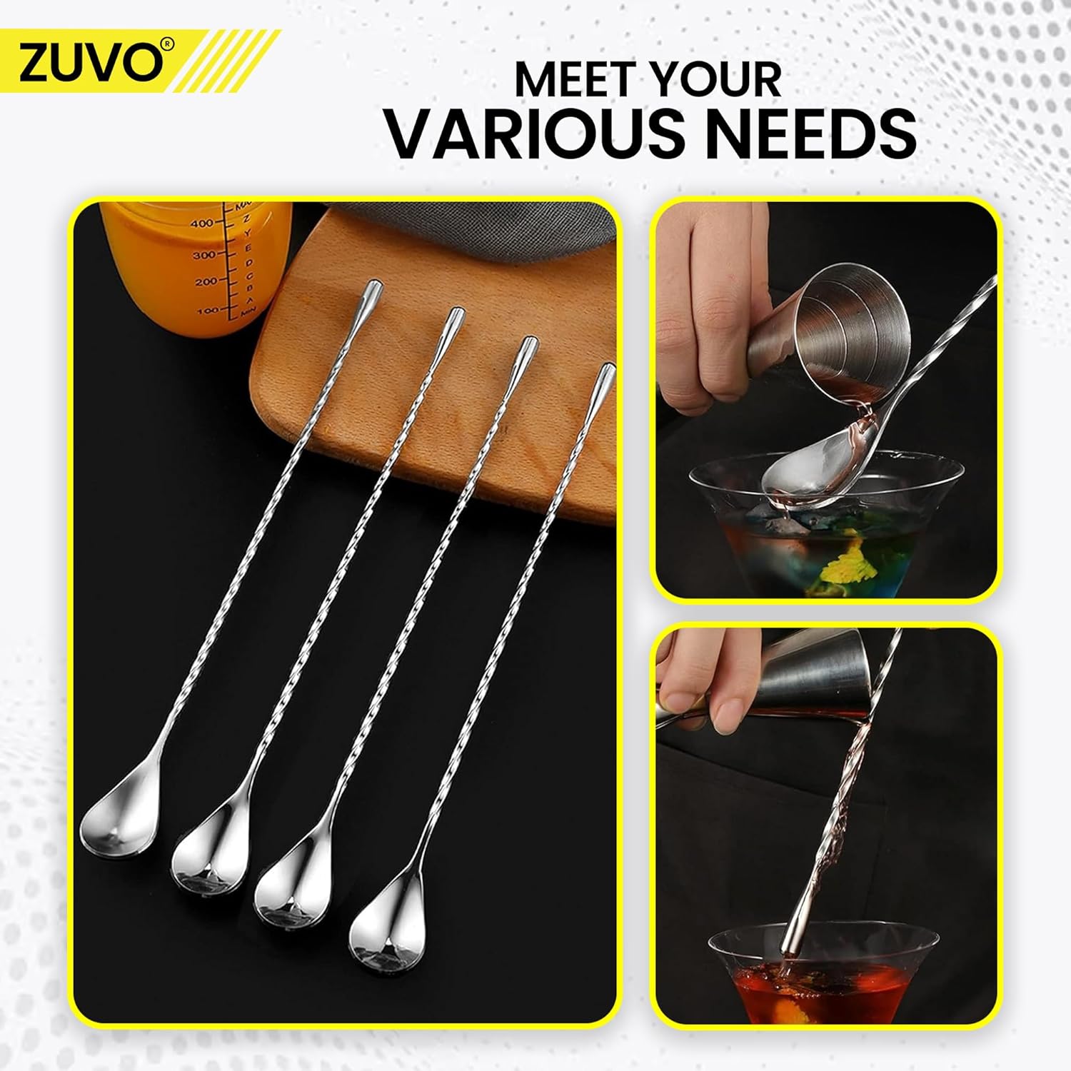 Cocktail Stirrers - Stainless 12 Inch Long Spoon for Mixing Cocktails with Spiral Pattern - Cocktail Stirrer for Bar & Home - Zuvo, Silver