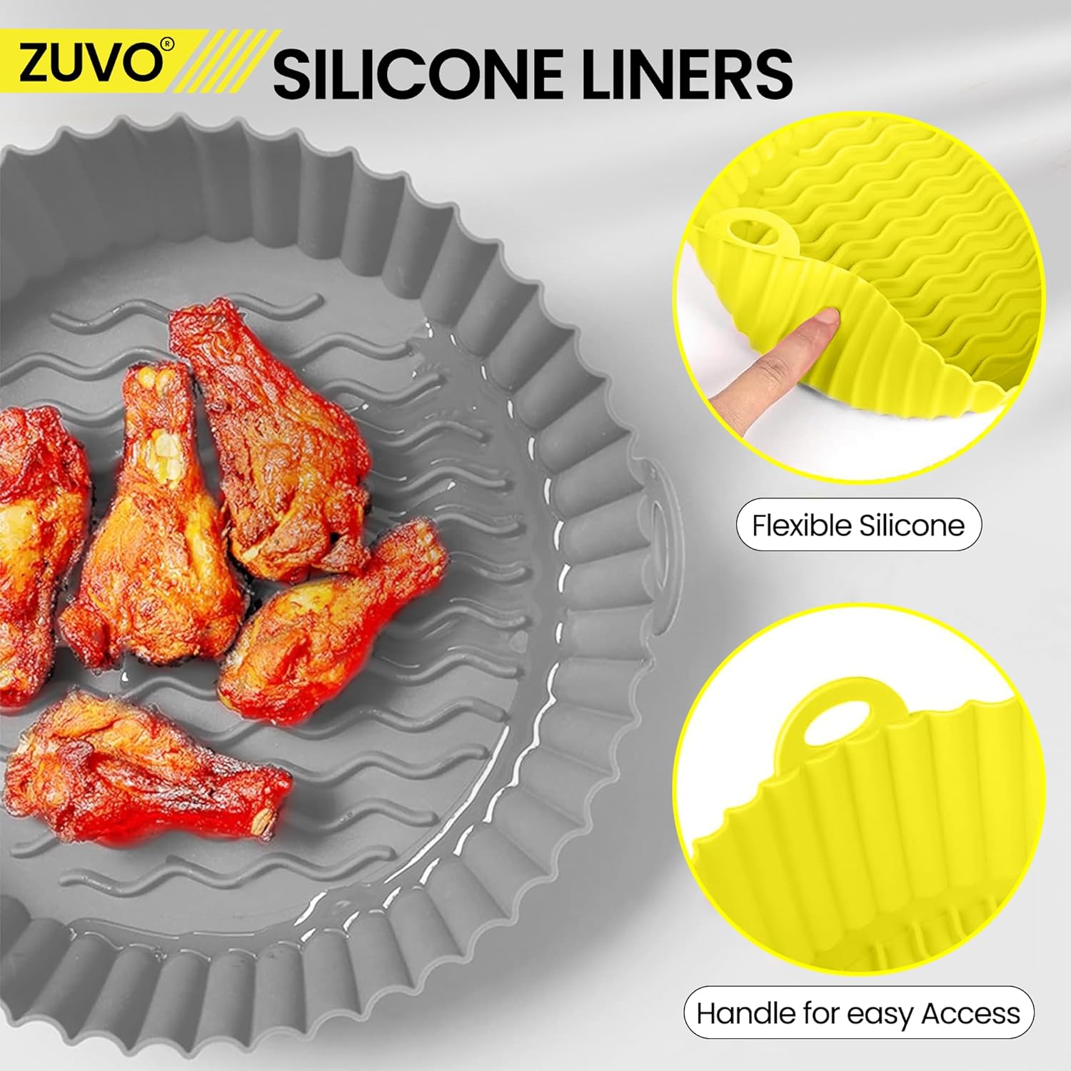 Zuvo Silicon Air Fryer Liners - Pack of 2 - Round Reusable Airfryer Liners for Baking - 6.7 Inches - Ninja, COSORI & Tower Compatible Silicon Air Fryer Liners (Round Silicon Liners)