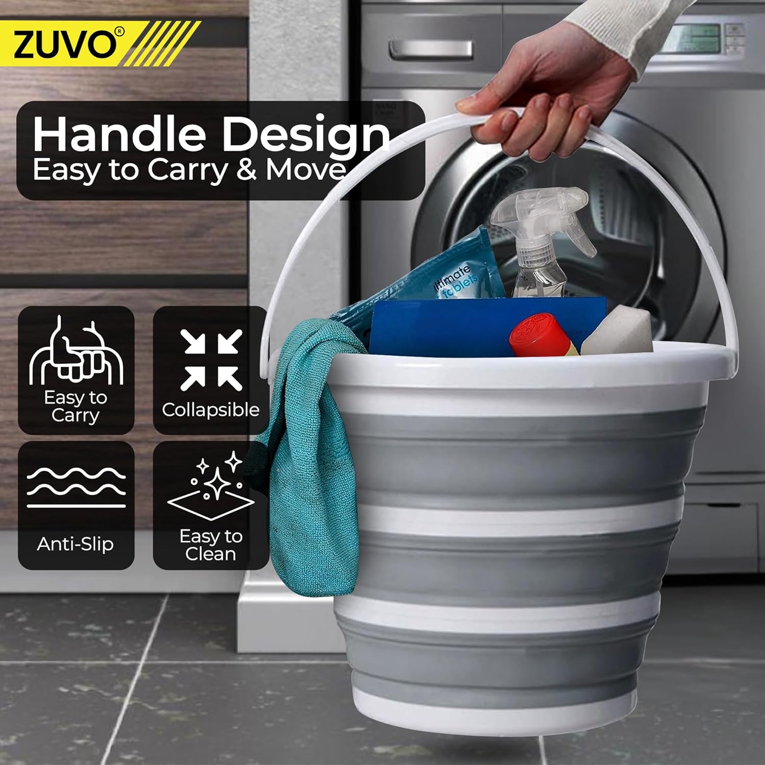 Zuvo Collapsible Bucket 10L Silicone Folding Mop Bucket White Grey