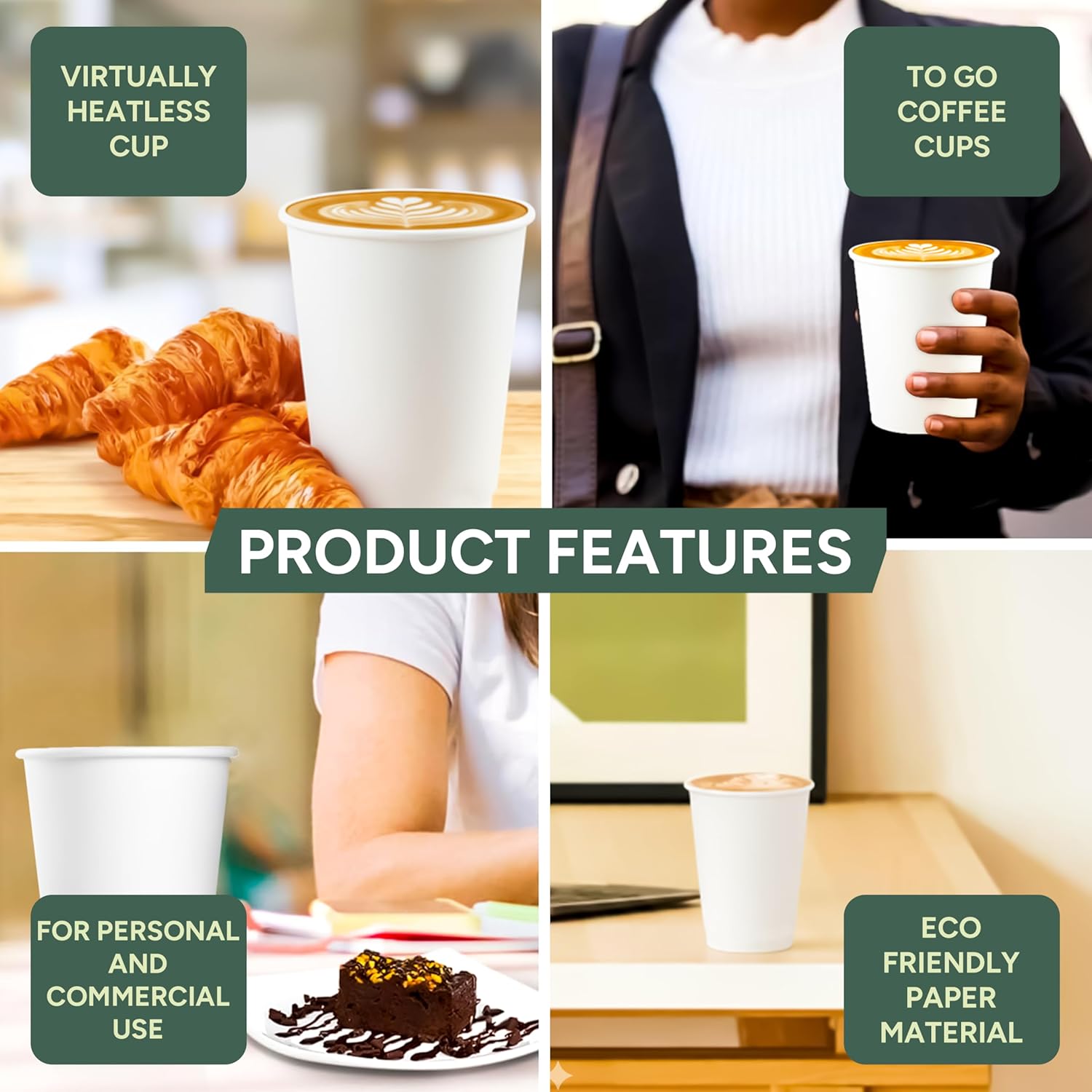Zuvo - 100 x 12oz White Paper Cups | Strong Disposable Cups for Hot and Cold Drinks