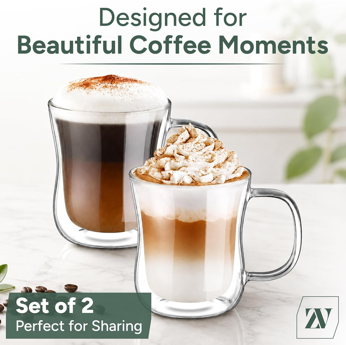 Zuvo Double Walled Glass Mugs Set of 2 Insulated Coffee Cups for Hot and Cold Drinks