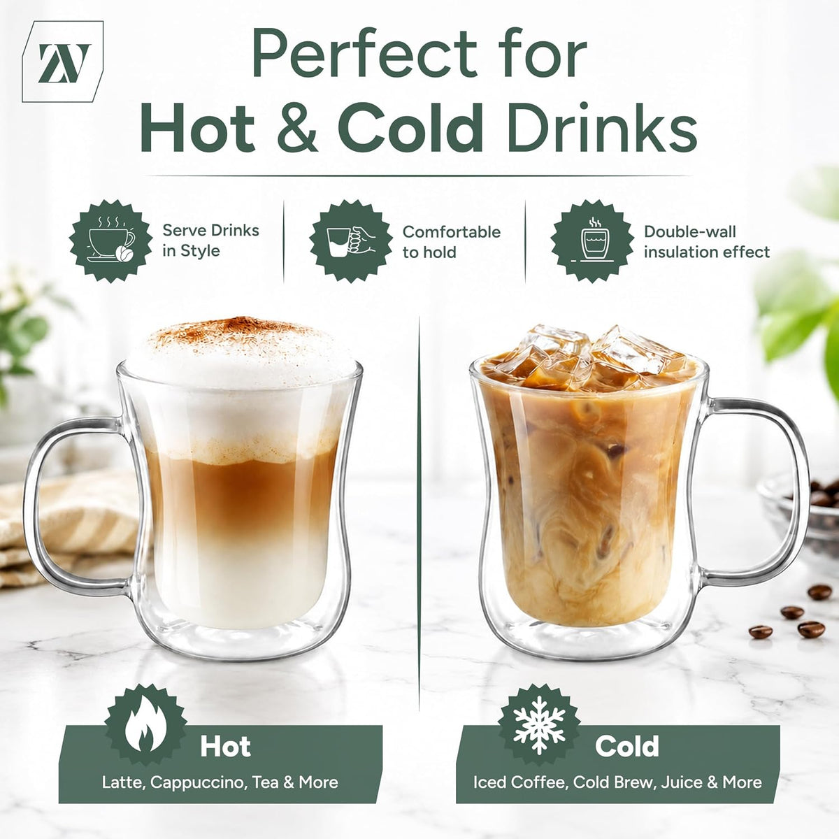 Zuvo Double Walled Glass Mugs Set of 2 Insulated Coffee Cups for Hot and Cold Drinks