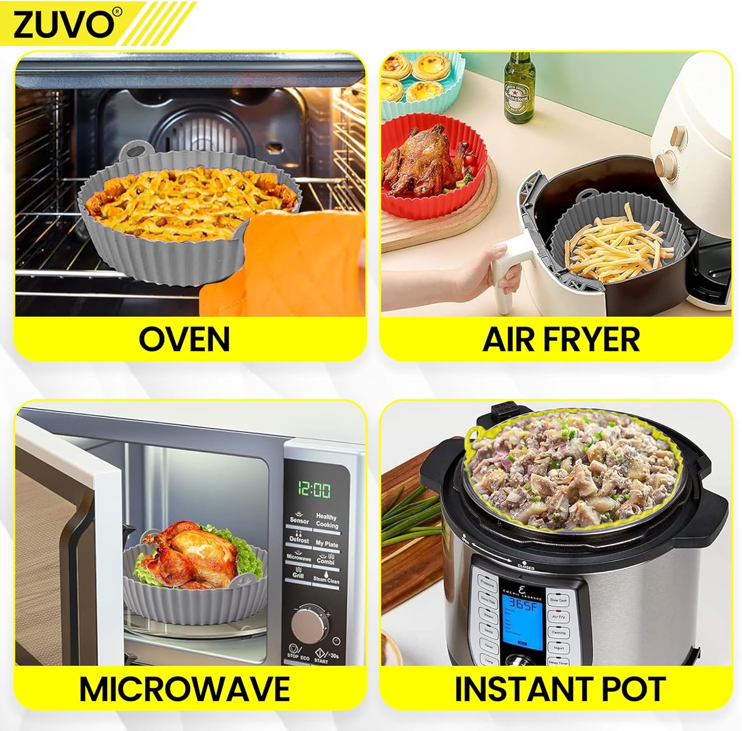 Zuvo Silicon Air Fryer Liners - Pack of 2 - Round Reusable Airfryer Liners for Baking - 6.7 Inches - Ninja, COSORI & Tower Compatible Silicon Air Fryer Liners (Round Silicon Liners)