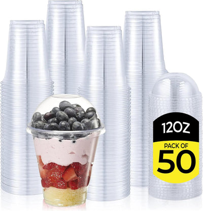 Zuvo 50 Pack 12oz Clear Plastic Smoothie Cups with Dome Lids