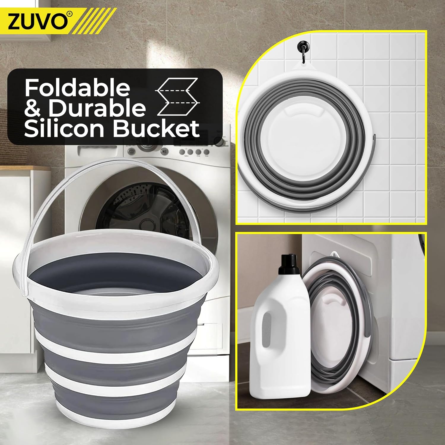 Zuvo Collapsible Bucket 10L Silicone Folding Mop Bucket White Grey