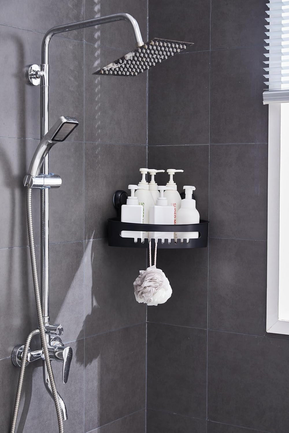 Zuvo No-Drill Shower Caddy Suction Cup Bathroom Shelf, Black