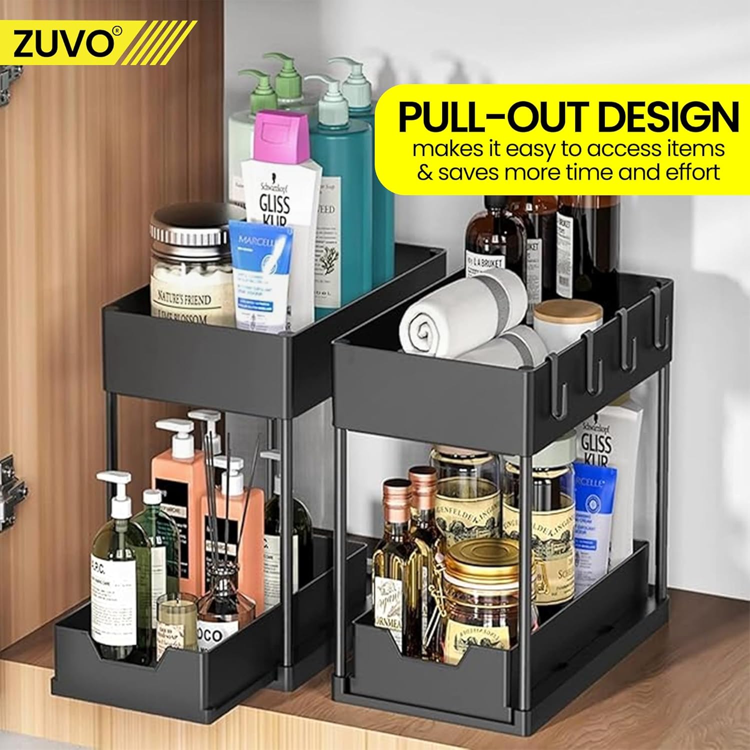 Zuvo Under Sink Storage Solution: Heavy-Duty Organizer to Maximize Kitchen Space – Durable and Versatile for Home & Office Black