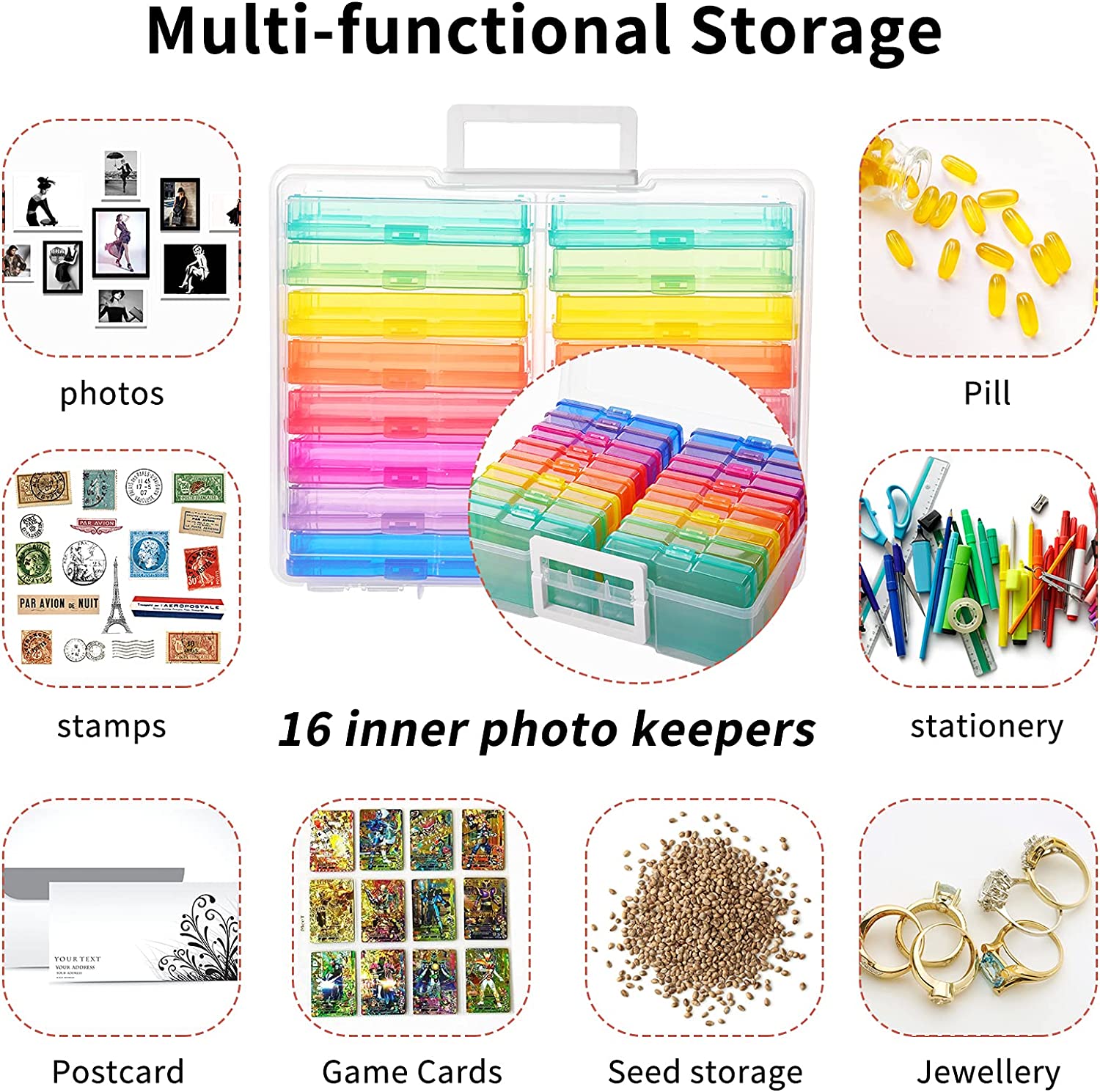 Plastic Photo Box Storage 16 Cases with Removable Dividers for Organizing Photographs, Stamps, Stationery, Jewellery, Seed, Toys, Arts and Craft. [Energy Class A+++]