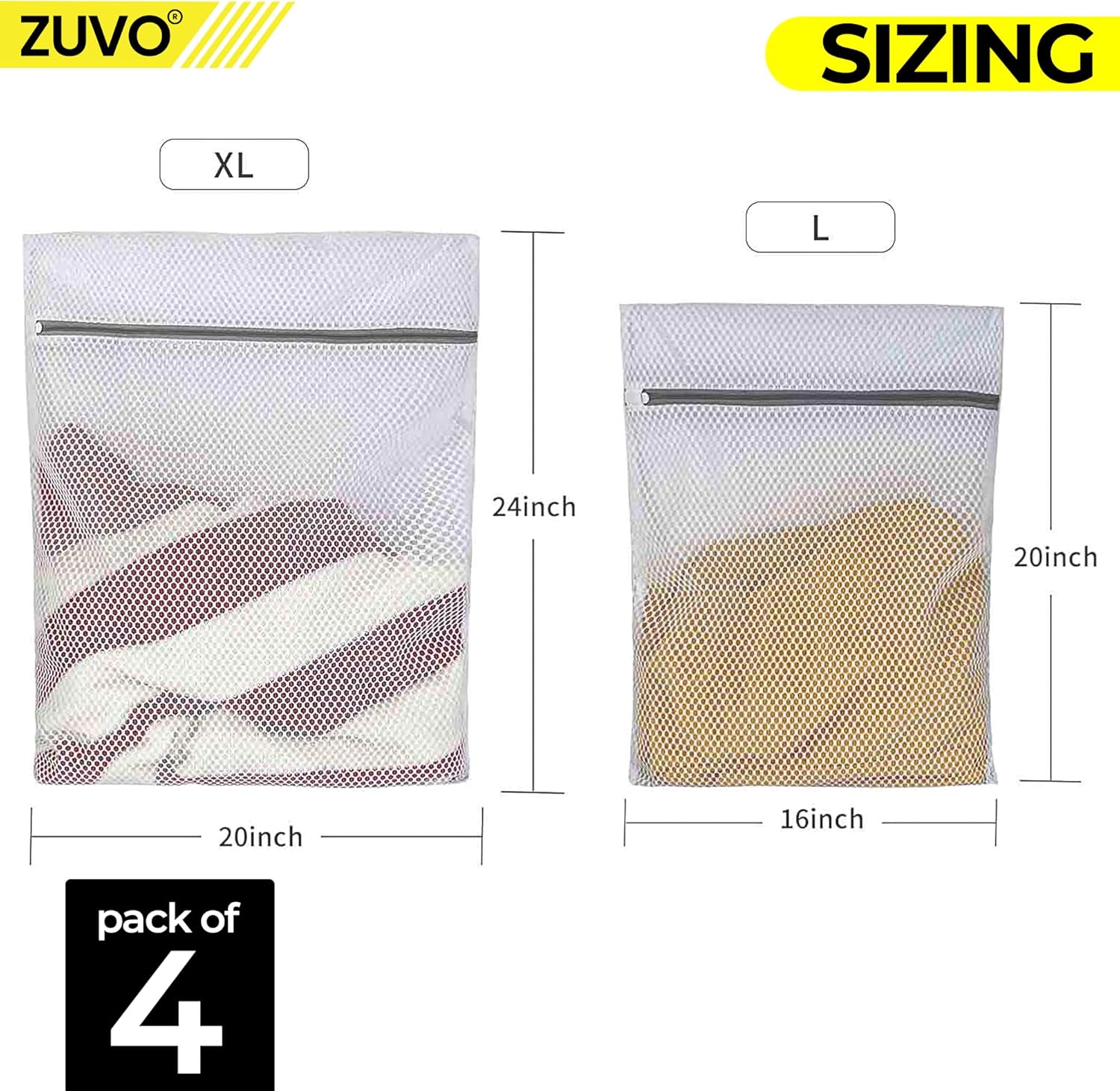 Zuvo Mesh Laundry Bags for Washing Machine with Zips Pack of 4