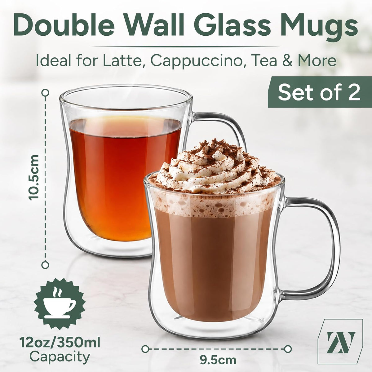 Zuvo Double Walled Glass Mugs Set of 2 Insulated Coffee Cups for Hot and Cold Drinks