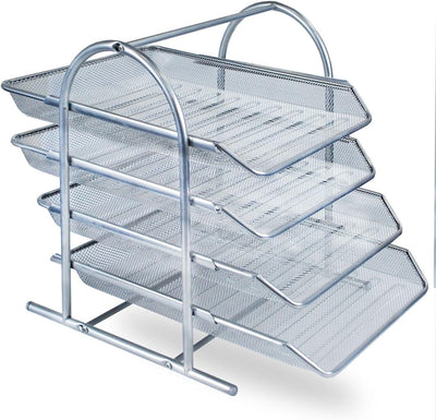 Zuvo Mesh Desk Organiser 4 Tier Silver Letter Tray for Office Storage