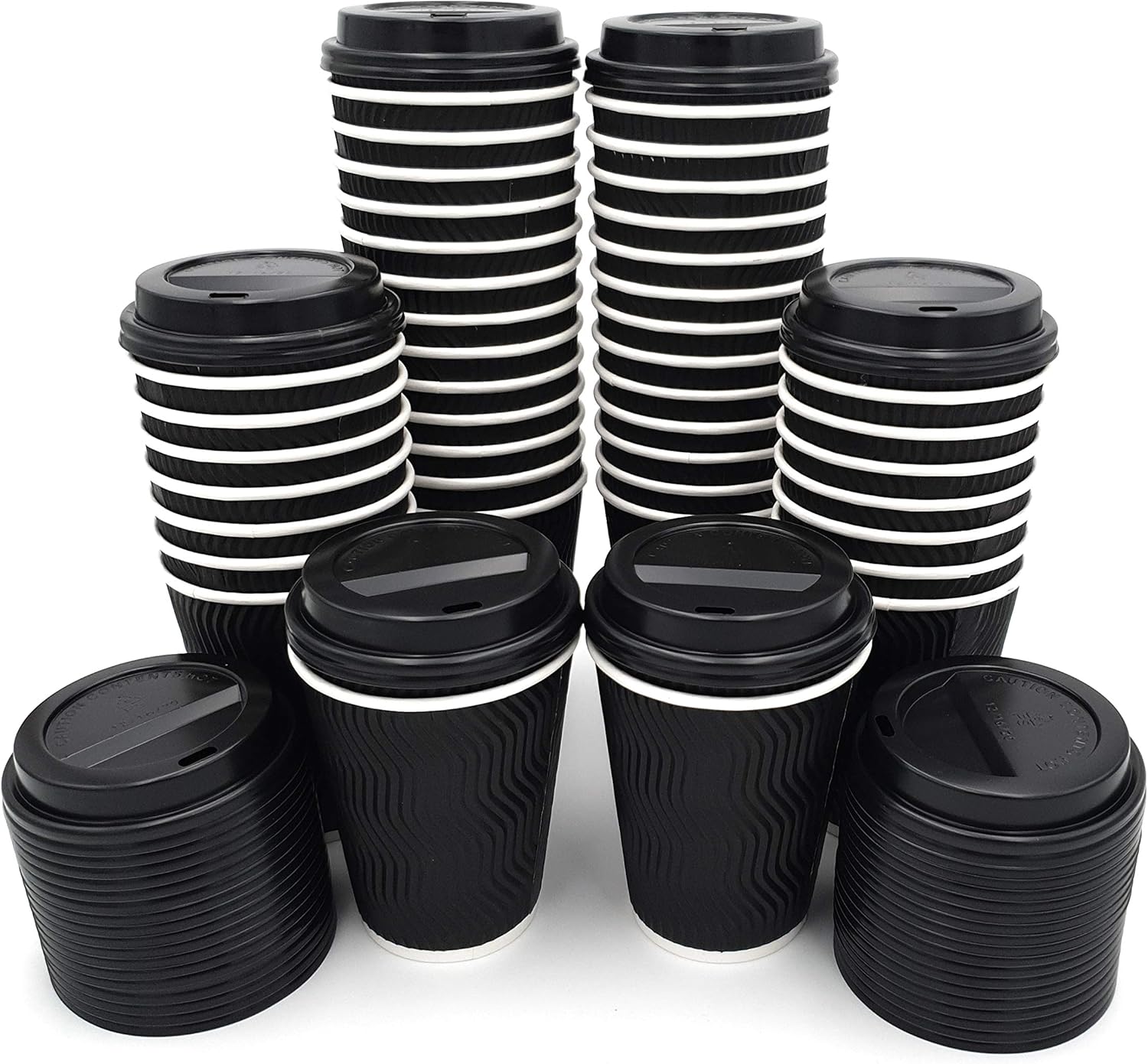 Zuvo [50 Pack Takeaway Coffee Cups with Lids | Disposable Insulated Triple Wall Ripple Kraft Paper Coffee Cups for Takeaway Coffee, Tea or hot Liquids | Pack of 50, Black