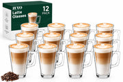 Zuvo Latte Glasses Set of 12 240ml Heat Resistant Glass Cups for Coffee Latte and Hot Chocolate