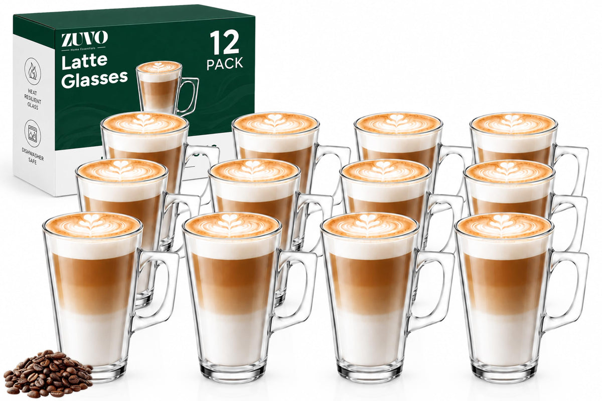 Zuvo Latte Glasses Set of 12 240ml Heat Resistant Glass Cups for Coffee Latte and Hot Chocolate