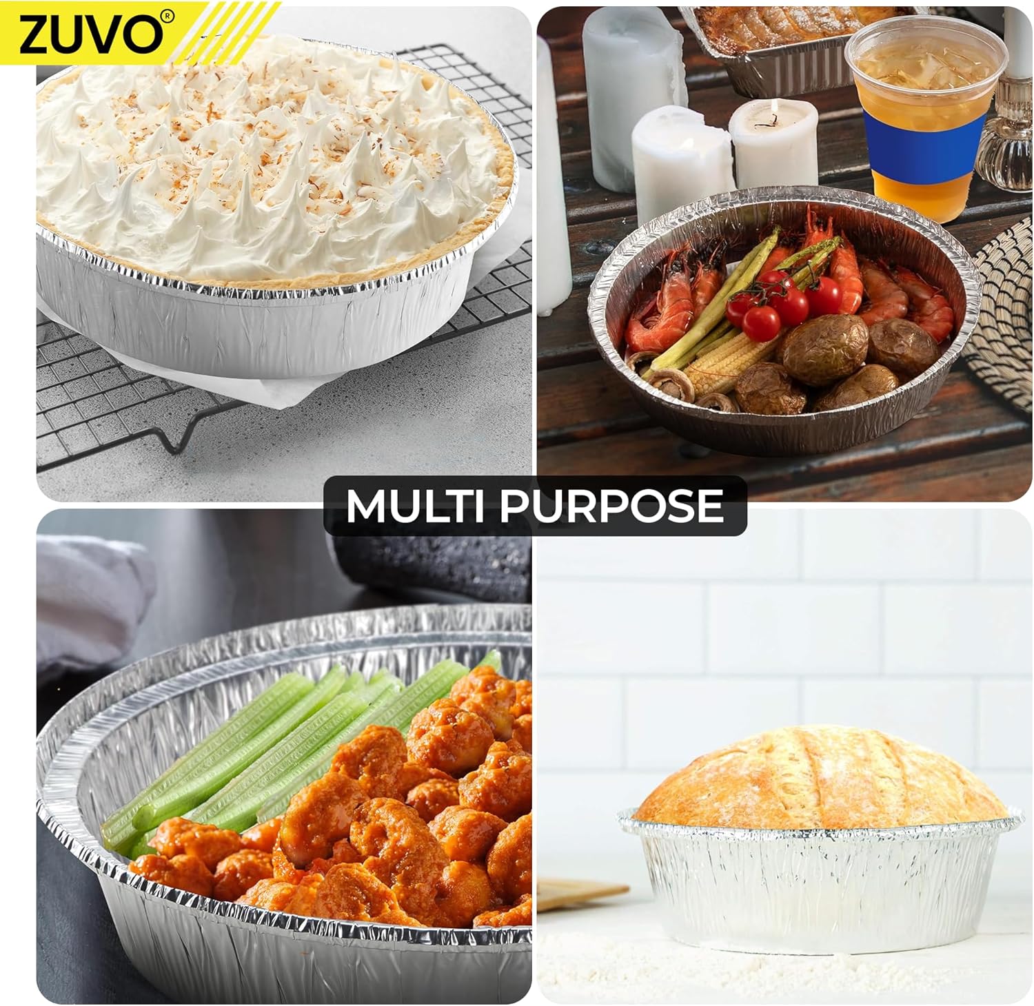 Zuvo Round Aluminium Containers 20 Pack Foil Flan Cases with Paper Lids