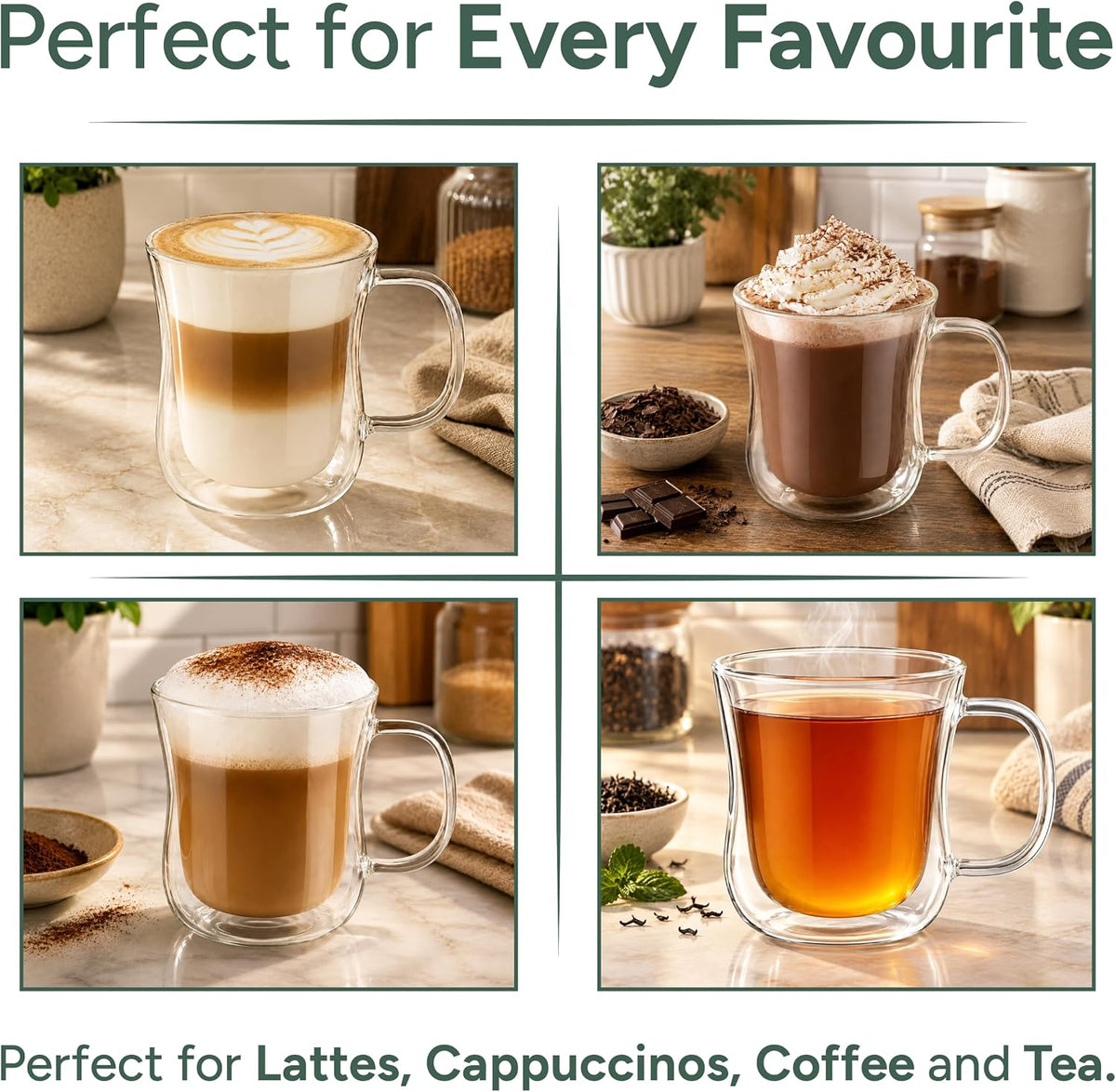 Zuvo Double Walled Glass Mugs Set of 2 Insulated Coffee Cups for Hot and Cold Drinks