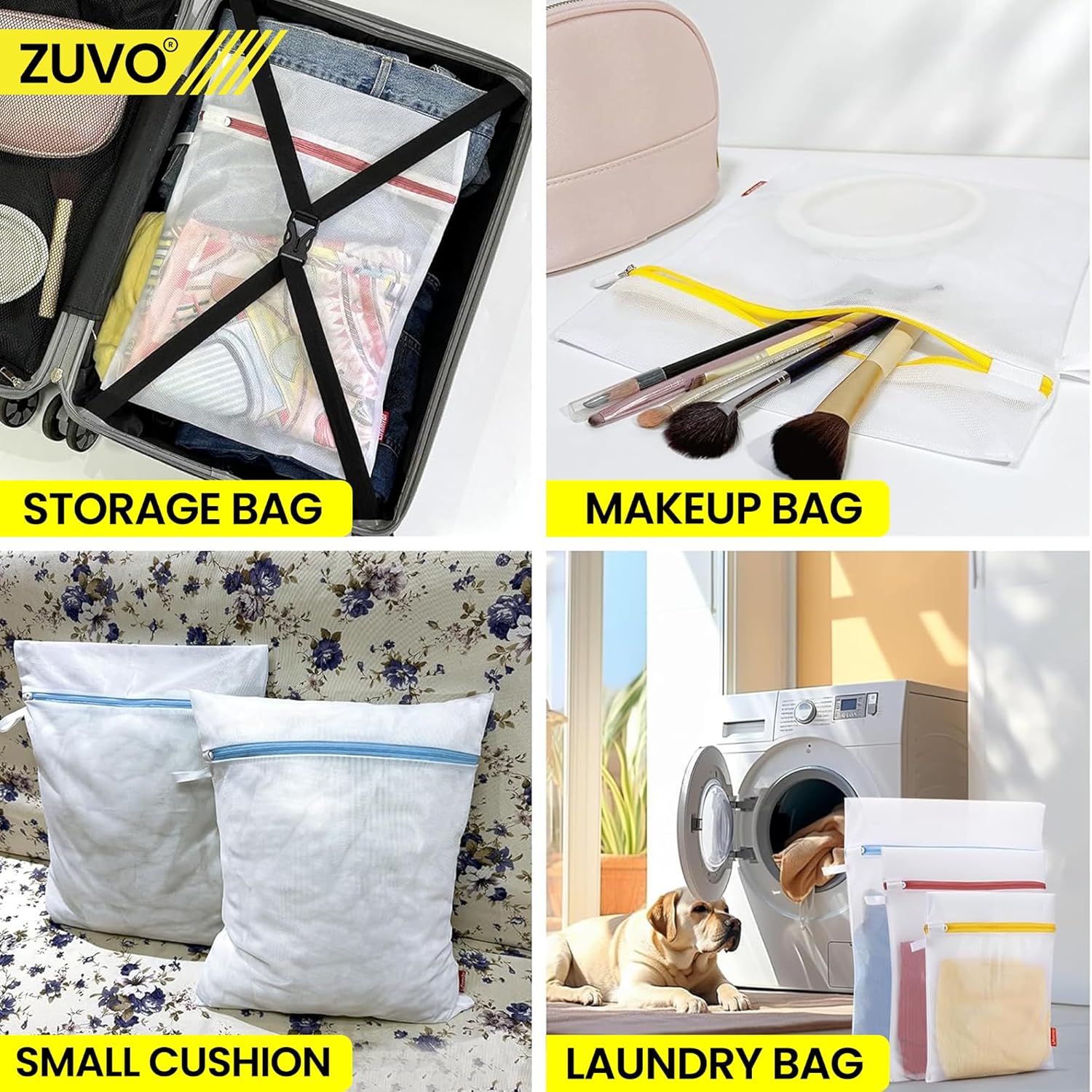 Zuvo Mesh Laundry Bags for Washing Machine with Zips Pack of 4