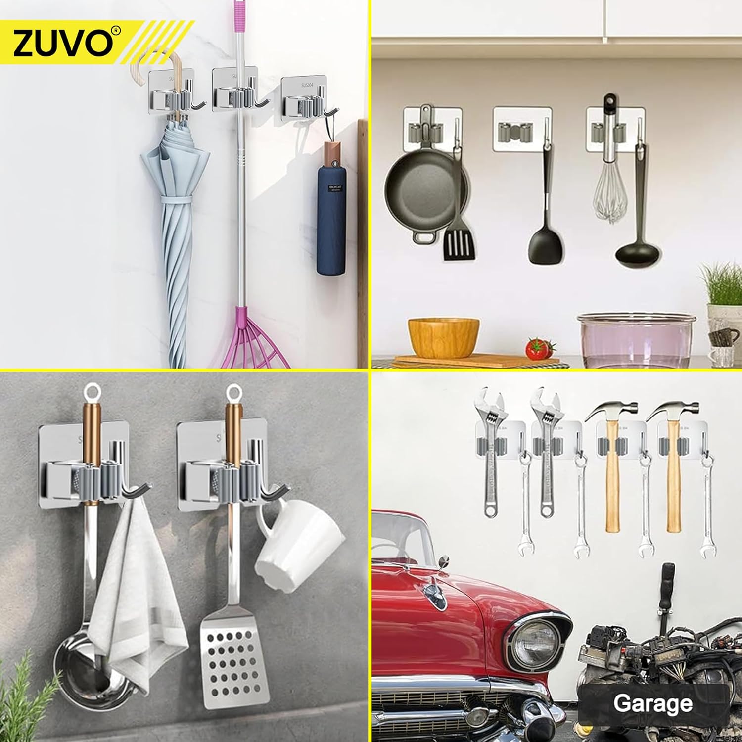 Zuvo Mop Holder Wall Mounted (4 Pcs) – Stainless Steel Broom Organizer for Bathroom, Kitchen, Closet, Garage, Garden – Durable Storage Solution