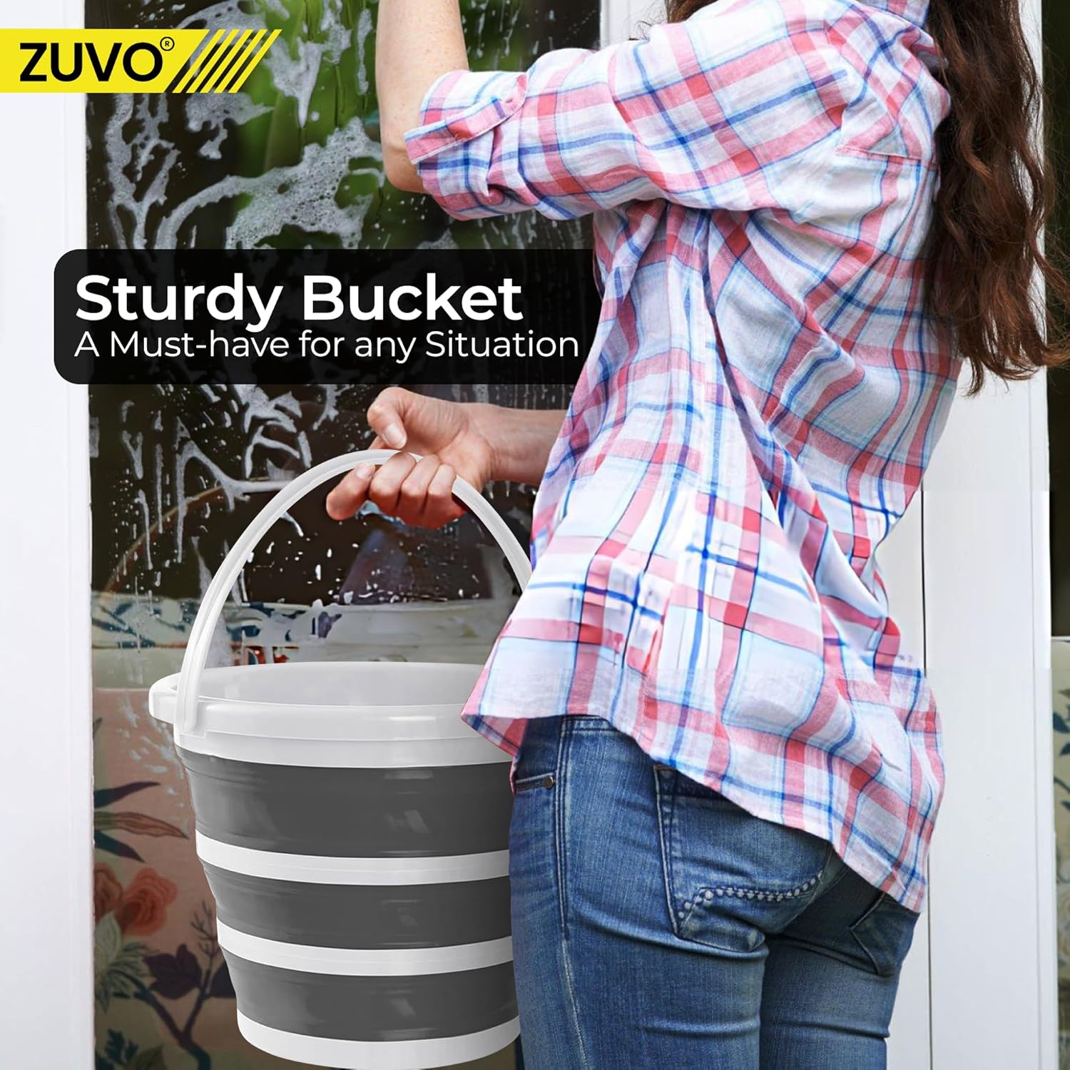 Zuvo Collapsible Bucket 10L Silicone Folding Mop Bucket White Grey