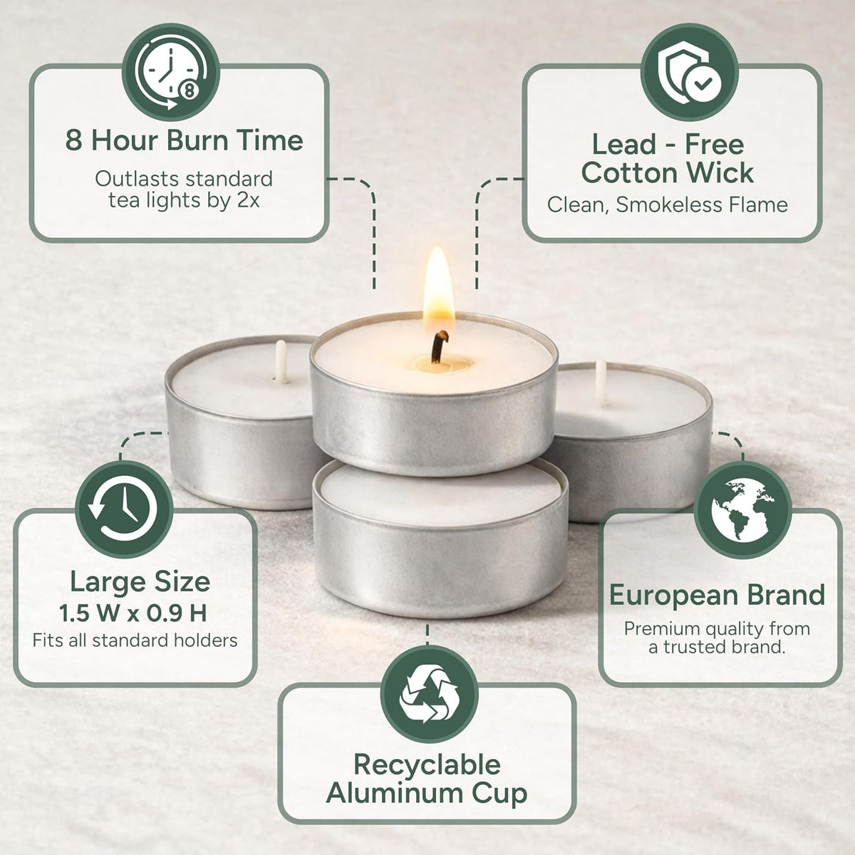 Zuvo Tea Light Candles 8 Hour Burn – 50 Pack Long-Lasting Unscented Tealights