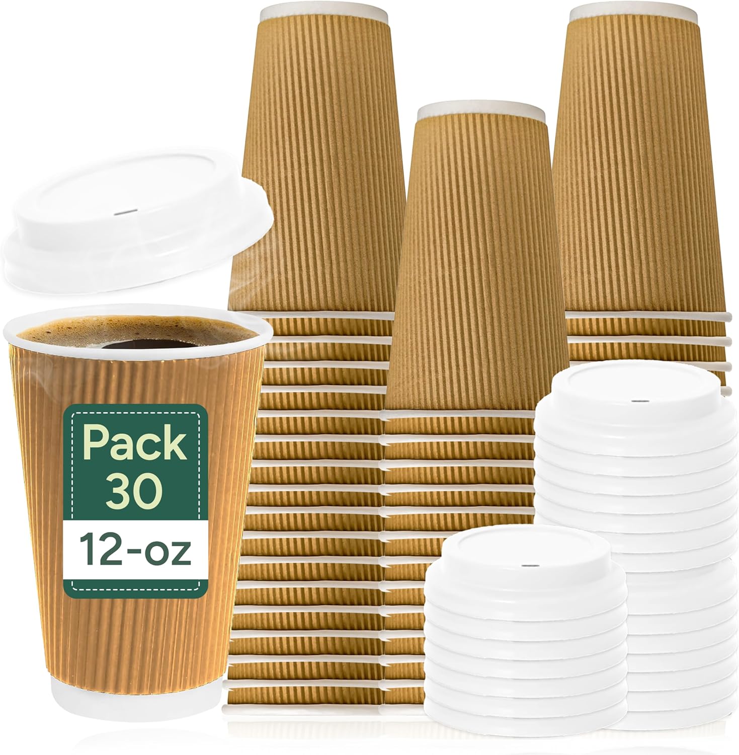 Zuvo Ripple Coffee Cups 12oz 30-Pack with Lids, Brown