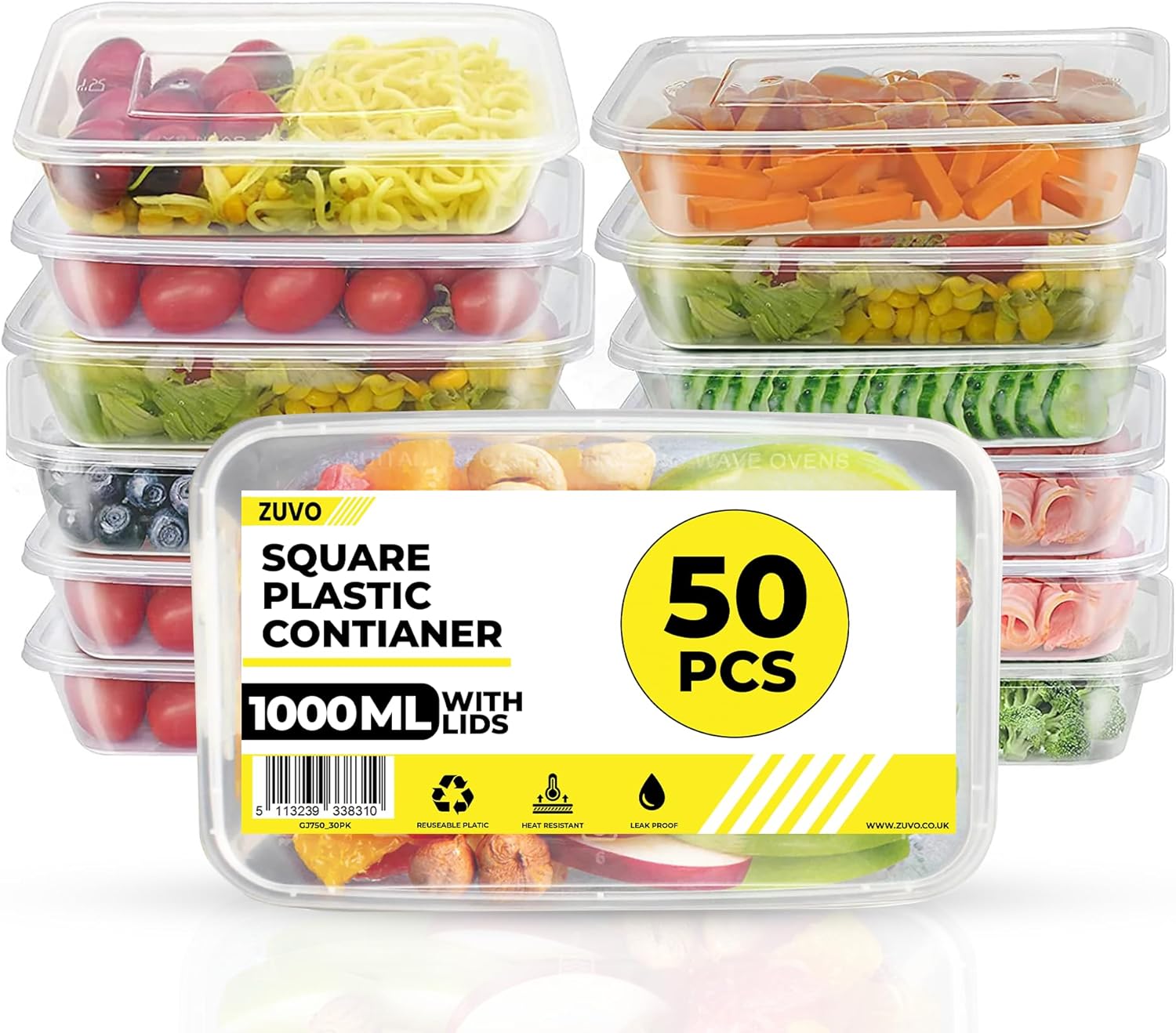 Zuvo Plastic Food Containers 1000ml 50 Pack Microwave & Freezer Safe