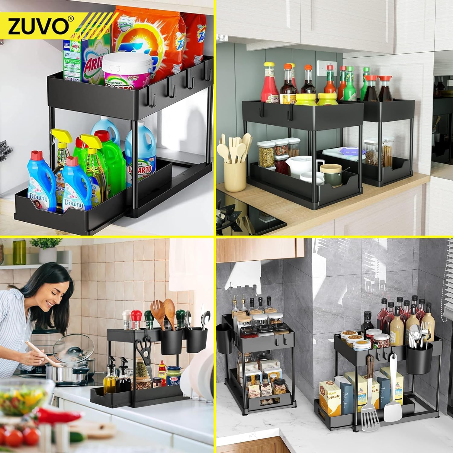 Zuvo Under Sink Storage Solution: Heavy-Duty Organizer to Maximize Kitchen Space – Durable and Versatile for Home & Office Black