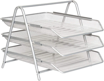 Zuvo Mesh Desk Organiser 3 Tier Silver Letter Tray for Office Storage