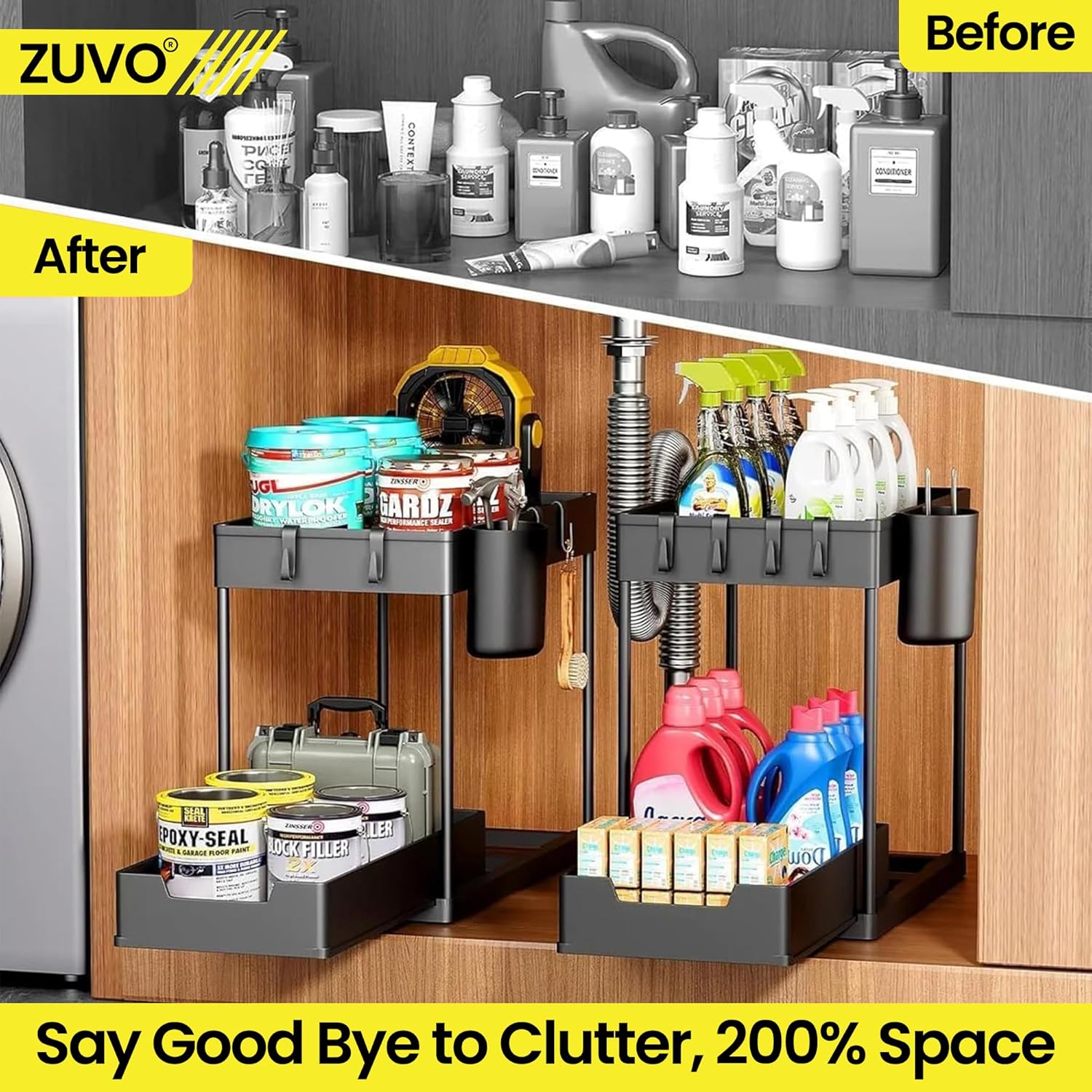 Zuvo Under Sink Storage Solution: Heavy-Duty Organizer to Maximize Kitchen Space – Durable and Versatile for Home & Office Black