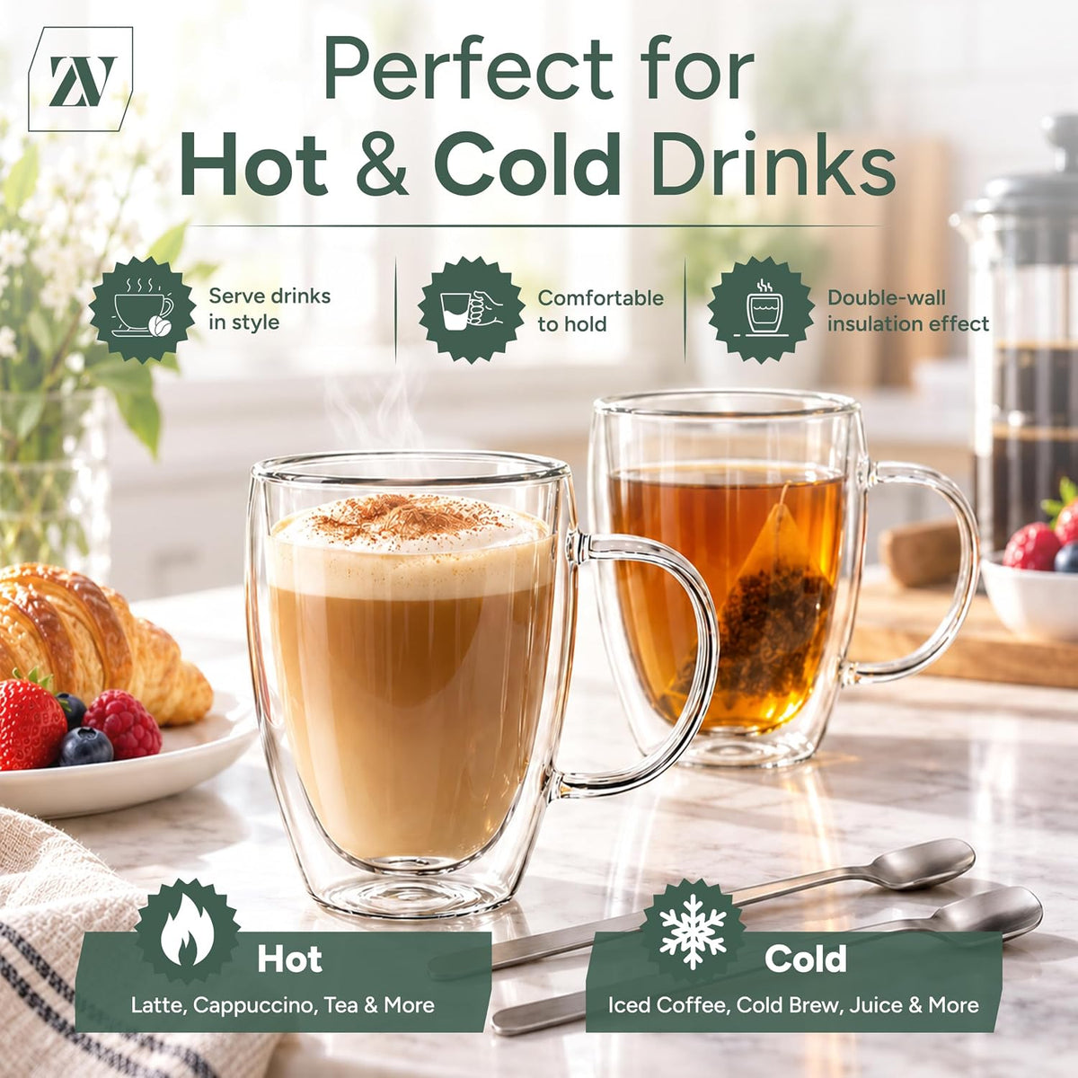 Zuvo Glass Coffee Mugs Set of 4 with Spoons Double Walled Cups for Hot Drinks Elegant Design