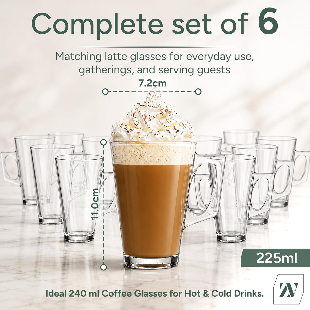 Zuvo Latte Glasses Set of 6 240ml Heat Resistant Glass Cups for Coffee Latte and Hot Chocolate