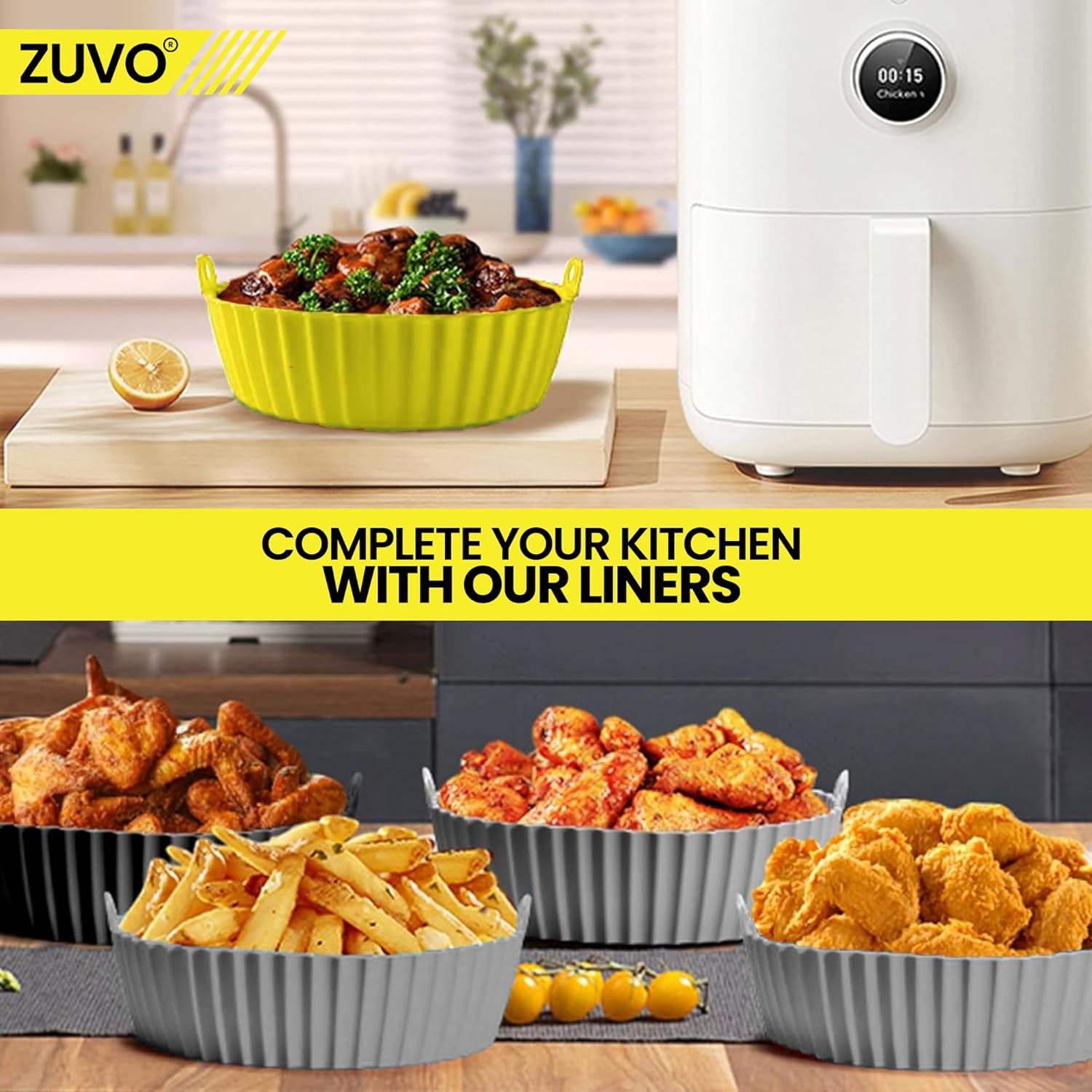 Zuvo Silicon Air Fryer Liners - Pack of 2 - Round Reusable Airfryer Liners for Baking - 6.7 Inches - Ninja, COSORI & Tower Compatible Silicon Air Fryer Liners (Round Silicon Liners)