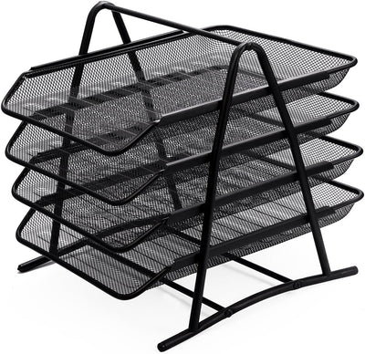 Zuvo Mesh Desk Organiser 4 Tier Black Letter Tray for Office Storage