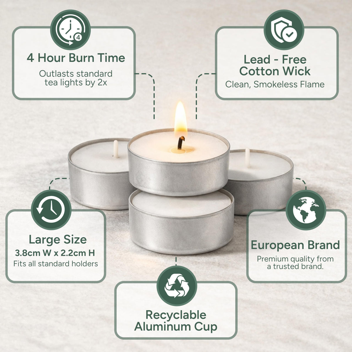 Zuvo Tea Light Candles 4 Hour Burn 50 Pack Unscented Tealights with Cotton Wick