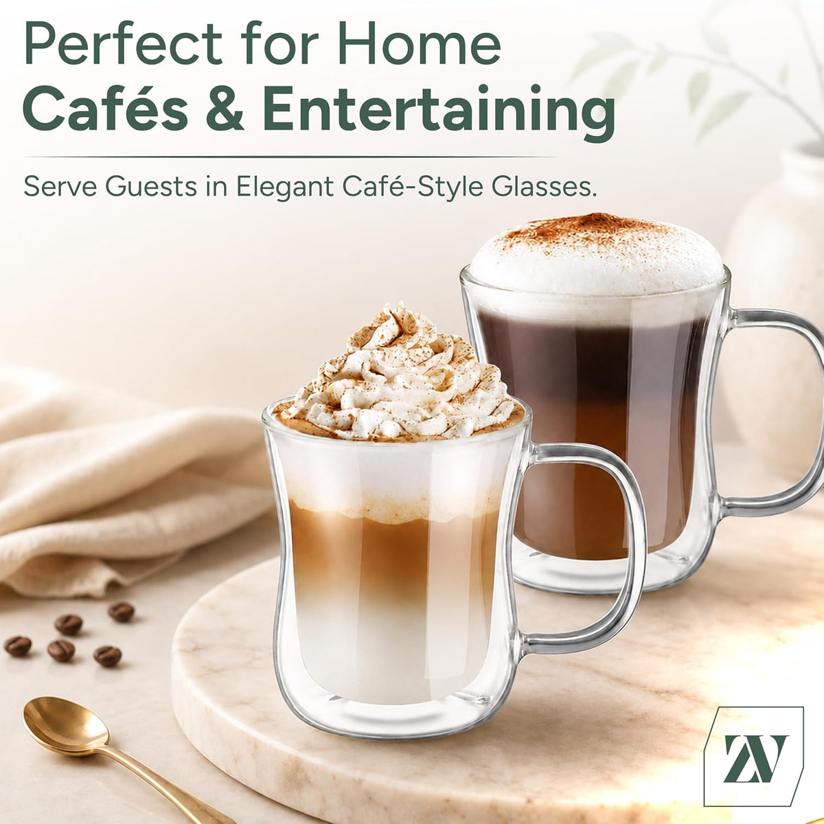 Zuvo Double Walled Glass Mugs Set of 2 Insulated Coffee Cups for Hot and Cold Drinks