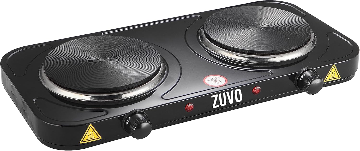 Zuvo 2000W Stainless Steel Double Hot Plate Ring Stove Hob - Portable & with Adjustable Thermostat - Cast Iron Heating Plate Black 25.8