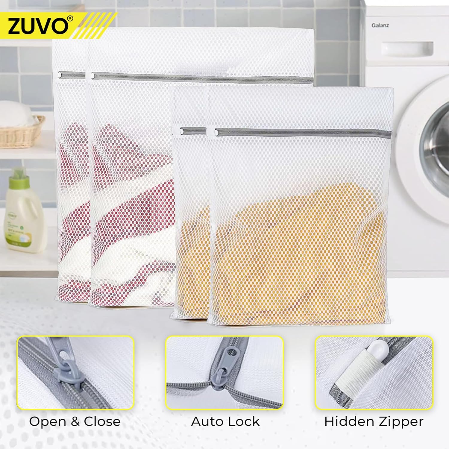 Zuvo Mesh Laundry Bags for Washing Machine with Zips Pack of 4