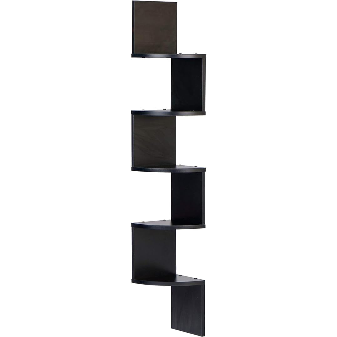 Zuvo Floating Corner Shelves 5 Tier Black Zigzag Wall Mounted Bookshelf
